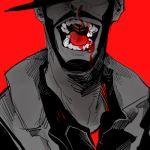  1boy blood bust facial_hair head_out_of_frame lowres male monochrome open_mouth red_background simple_background solo spot_color t8909 team_fortress_2 the_demoman 