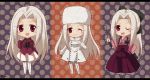  3boys blush boru-boru bow chibi coat dotted_outline fate/zero fate_(series) hair_bow hat irisviel_von_einzbern japanese_clothes kimono long_hair multiple_boys ponytail red_eyes white_hair wink 