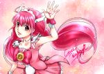  1girl arm_up bowtie brooch character_name cure_happy dress head_wings hoshizora_miyuki ioriori jewelry long_hair magical_girl pink pink_background pink_dress pink_eyes pink_hair precure skirt smile smile_precure! solo tiara twintails wrist_cuffs 