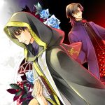  2boys blue_rose book brown_eyes brown_hair dual_persona fate/extra fate/zero fate_(series) flower hood kotomine_kirei multiple_boys priest robe rose triquetra usa_(blue-systema) young 