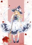  1girl apron blonde_hair blurry bobby_socks bow bowtie broom frills full_body hat hat_bow high_heels huayue kirisame_marisa leaf long_hair maple_leaf red_string shoes skirt skirt_set socks solo standing string touhou vest waist_apron white_legwear witch witch_hat 