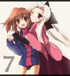  2girls artist_name blush boru-boru bow brown_eyes brown_hair buruma countdown fate/zero fate_(series) fujimura_taiga hair_bow irisviel_von_einzbern japanese_clothes kimono long_hair multiple_girls ponytail red_eyes signature teenage track_jacket white_hair young 