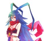  1girl antenna_hair blue_hair bracelet breasts cleavage crossed_arms disgaea disgaea_d2 gamaruta gloves jewelry laharl laharl-chan long_hair mound_of_venus navel red_eyes scarf slit_pupils solo white_background 