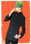  1boy adjusting_glasses bandages gakuran gift glasses green_eyes green_hair kuroko_no_basuke midorima_shinsuke pipipi69 school_uniform solo 