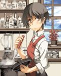  1girl apron black_hair blender blush bottle brown_eyes cooking kasetsu_03 kitchen ladle lid original pot short_hair solo steam window 