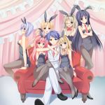  1boy 6+girls animal_ears aoi_sena asa_no_ha bare_shoulders black_hair blonde_hair blue_hair breasts bunny_tail bunnysuit chaos;head cleavage detached_collar glasses kishimoto_ayase kusunoki_yua long_hair multiple_girls nishijou_takumi orihara_kozue pantyhose pink_hair rabbit_ears sakihata_rimi short_hair tail 