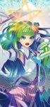  1girl blue_eyes detached_sleeves gohei green_hair kochiya_sanae long_hair open_mouth sarashi solo star touhou zounose 