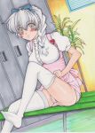  1girl adjusting_thighhigh apron blush braid breasts full_metal_panic! grey_eyes hair_ribbon jewelry locket long_hair panties pendant pink_panties rascal_(n119) ribbon silver_hair sitting skirt solo teletha_testarossa thigh-highs traditional_media underwear waitress white_legwear 