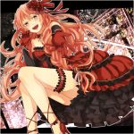  1girl :d colored flower gloves hair_flower hair_ornament harachi_mei highres long_hair megurine_luka open_mouth outstretched_hand ribbon rose smile solo very_long_hair vocaloid 