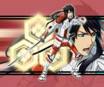  1boy armor azai_nagamasa_(sengoku_basara) black_eyes black_hair crest hariyama_(toubou_tengoku) katana long_hair ponytail sengoku_basara sword weapon zoom_layer 