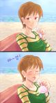  1girl 2koma beach bench blush brown_eyes brown_hair closed_eyes comic dress earrings fate/stay_night fate_(series) food fujimura_taiga ice_cream incoming_gift jewelry ocean pltrgst pov short_hair small_breasts solo spoon striped sweater 