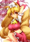 1girl animal_ears blonde_hair breasts cosplay flandre_scarlet flandre_scarlet_(cosplay) fox_ears fox_tail hat large_breasts merry_(diameri) midriff multiple_tails open_mouth short_hair short_sleeves skirt solo tail touhou yakumo_ran yellow_eyes 