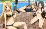  3girls absurdres barefoot bikini black_bikini black_hair blonde_hair blush braid breasts brown_eyes brown_hair cleavage competition_swimsuit detexted front-tie_top glasses green_eyes hairband hat highres huge_filesize kaidou_hiroyuki kannagi_miyabi kono_naka_ni_hitori_imouto_ga_iru! kunitachi_rinka long_hair looking_at_viewer lying magazine_scan multiple_girls navel official_art on_side one-piece_swimsuit open_mouth photoshop pool poolside scan school_swimsuit shiny shiny_skin side-tie_bikini side_braid single_braid sitting smile swimsuit tsuruma_konoe twintails violet_eyes wariza weapon white_bikini witch_hat 