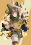  1girl alternate_costume artist_request belt bow brown_hair flower hair_bow hibiscus leaf long_hair pointy_ears poncho reiuji_utsuho scarf shorts single_thighhigh solo sunflower thigh-highs touhou yellow_eyes 