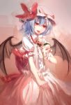  1girl 60mai bat_wings blue_hair bow dress flower hat hat_bow looking_at_viewer nectar red_eyes remilia_scarlet short_hair smile solo tongue tongue_out touhou wings 