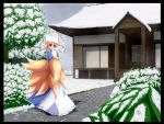  1girl blonde_hair border box cloudy_sky donation_box dress east_asian_architecture fox_tail from_behind grass hat hat_with_ears highres leaf liya long_sleeves looking_at_viewer looking_back multiple_tails path short_hair snow solo tabard tail touhou tree white_dress winter yakumo_ran yellow_eyes 