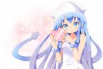  1girl blue_eyes blue_hair gift hat heart ikamusume long_hair looking_at_viewer shinryaku!_ikamusume smile solo take_(office-t) tentacle_hair valentine 