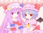  2girls ascot bat_wings blouse blue_hair blush bow brooch capelet crescent ena228 fang hair_bow hands_in_sleeves heart jewelry lace long_hair looking_at_viewer mob_cap multiple_girls open_mouth outline patchouli_knowledge pink_background puffy_short_sleeves puffy_sleeves purple_hair red_eyes remilia_scarlet short_hair short_sleeves touhou very_long_hair violet_eyes wings 