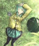  1girl black_legwear blouse clenched_hand grass green_eyes green_hair hand_on_own_head hat hat_removed headwear_removed highres komeiji_koishi light_smile lips long_sleeves looking_at_viewer lying marumoru on_back pantyhose shade short_hair skirt solo third_eye touhou wide_sleeves wink 