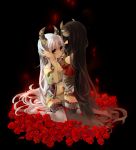  2girls bed_of_roses black_hair black_legwear blush flower horns kneeling long_hair multiple_girls original petals pointy_ears red_eyes rose rose_petals sikinoyukinnko thigh-highs very_long_hair white_hair white_legwear 