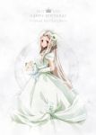  1girl artist_name boru-boru bouquet bridal_veil dress elbow_gloves fate/zero fate_(series) flower gloves happy_birthday irisviel_von_einzbern long_hair red_eyes signature solo veil wedding_dress white_hair 