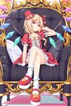  1girl akawata bare_legs blonde_hair bobby_socks bow chair checkered checkered_floor choker crossed_legs flandre_scarlet hair_bow hat long_hair looking_at_viewer mary_janes mini_top_hat pillow platform_footwear red_eyes shoes side_ponytail sitting socks solo top_hat touhou white_legwear wings 