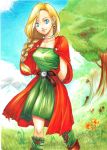  1girl arms_behind_back belt bianca blonde_hair blue_eyes braid breasts cape dragon_quest dragon_quest_v dress earrings green_dress jewelry leg_warmers lipstick long_hair low-tied_long_hair makeup marker_(medium) neck_ring single_braid smile solo traditional_media tree you_kazuna 