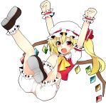  1girl arms_up ascot blonde_hair bloomers bobby_socks fang flandre_scarlet hat hat_ribbon mari_ayame no_pants open_mouth red_eyes ribbon short_hair side_ponytail simple_background smile socks solo touhou white_background wings wrist_cuffs 