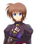  1girl azumaya_hironaru blue_eyes brown_hair bust dress fingerless_gloves gloves hand_on_own_chest light_smile lyrical_nanoha magical_girl mahou_shoujo_lyrical_nanoha mahou_shoujo_lyrical_nanoha_a&#039;s mahou_shoujo_lyrical_nanoha_a&#039;s_portable:_the_battle_of_aces material-s puffy_sleeves short_hair solo white_background wide_sleeves 