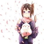  1girl asagiri_shiori badminton_racket bag bird black_hair blue_eyes blush cardigan croquette dera_mochi&#039;mazzui flower glasses hair_ornament hjl_(hjl5000) open_mouth petals pocky racket scarf school_bag school_uniform short_hair side_ponytail solo tamako_market wind 