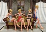  4girls artoria_pendragon_(all) artoria_pendragon_(fate) bare_shoulders barefoot blonde_hair bow couch dress fate/extra fate/grand_order fate/stay_night fate/unlimited_codes fate_(series) green_eyes hair_bow hair_ribbon long_hair multiple_girls multiple_persona nero_claudius_(fate) nero_claudius_(fate)_(all) ponytail ribbon saber saber_alter saber_extra saber_lily sleeveless sleeveless_dress strapless_dress zhouran 