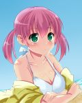  1girl bikini breasts cleavage green_eyes kawano_oginikofu original pink_hair short_hair short_twintails solo swimsuit twintails 