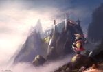 absurdres bird castle clouds gourd hat highres landscape mountain no_humans panda scenery sky solo standing tlrose warcraft water waterfall world_of_warcraft 