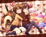  2girls ayakashi_(monkeypanch) black_legwear blue_eyes blush brown_eyes cake checkerboard_cookie chocolate coffee cookie cup cupcake dessert drinking food food_request fruit hand_on_another&#039;s_stomach hand_on_stomach head_on_shoulder heart highres hug ice_cream light_particles mont_blanc_(food) mug multiple_girls open_mouth original outline pantyhose pleated_skirt ribbon school_uniform serafuku shiny short_hair sitting skirt socks steam strawberry strawberry_shortcake sweets wink 