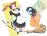  1girl apron blush broom brown_eyes brown_hair cat efmoe looking_at_viewer maid maid_headdress open_mouth original short_hair skirt smile solo thigh-highs twintails v 