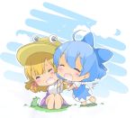  2girls ahoge berry_jou bird blonde_hair blue_dress blue_hair blue_sky blush bow chibi cirno closed_eyes clouds dress fang frog hair_bow hair_ribbon hat long_sleeves moriya_suwako multiple_girls open_mouth purple_dress ribbon shirt short_sleeves sitting sky smile touhou 