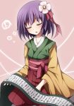  1girl :o flower hair_flower hair_ornament head_tilt hieda_no_akyuu japanese_clothes kimono obi pink_background purple_hair scroll short_hair sleeping solo taku10 touhou wide_sleeves 