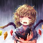  1girl blood blood_on_face bloody_clothes bloody_hands blush cat crying fangs flandre_scarlet mikkii open_mouth puffy_sleeves rain red_eyes shirt short_sleeves solo touhou wings 