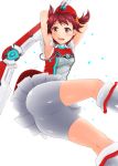  1girl armpits arms_up bike_shorts blush boomerang brown_hair hat isshiki_akane looking_at_viewer open_mouth redhead short_hair skirt solo twintails vividred_operation zinzen 