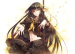  black_hair cu-rim katana leaf long_hair navel original outstretched_arm scar school_uniform sword weapon yellow_eyes 