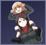  2girls blonde_hair blue_eyes brown_hair carrying double_v dutch_angle fang from_below girls_und_panzer jacket katyusha long_hair looking_at_viewer military military_uniform multiple_girls nonna open_mouth piggyback shoes short_hair smile socks tomason turtleneck uniform v 