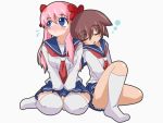  2girls artist_request blush brown_hair haramura_nodoka miyanaga_saki multiple_girls pink_hair ribbon saki school_uniform serafuku sitting sleeping thigh-highs twintails 