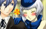  1boy 1girl arisato_minato blue_eyes blue_hair blush elizabeth_(persona) gloves hand_on_shoulder hat kamui_sathi off_shoulder persona persona_3 school_uniform short_hair sleeveless smile white_hair yellow_eyes 