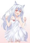  1girl animal_ears bare_shoulders blue_hair blush cat_ears cat_tail dress fang long_hair open_mouth original ray-akila red_eyes smile tail 