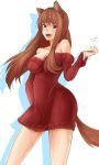  1girl animal_ears bad_hands bare_shoulders blush breasts brown_hair cleavage fang highres holo long_hair open_mouth pltrgst red_eyes rough smile solo spice_and_wolf sweater_dress tail white_background wolf_ears wolf_tail 
