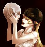  bakemonogatari black_background blonde_hair dafei fangs goggles helmet monogatari_(series) oshino_shinobu red_eyes skull staring vampire 