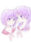  2girls beni_shouga blue_eyes hiiragi_kagami hiiragi_tsukasa lucky_star multiple_girls purple_hair school_uniform serafuku simple_background smile white_background 