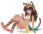  1girl animal_ears barefoot bastet_(p&amp;d) brown_hair cat_ears cat_tail crown dark_skin egyptian green_eyes jewelry midriff naturalton open_mouth puzzle_&amp;_dragons tail 