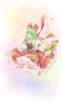  1girl absurdres adapted_costume bare_shoulders barefoot bow breasts detached_sleeves flower frills front_ponytail green_eyes green_hair hair_bow hair_ribbon highres kagiyama_hina long_skirt open_mouth petals ribbon skirt smile solo touhou transistor 