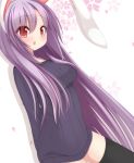  1girl animal_ears arms_behind_back black_legwear blush breasts chimunge highres large_breasts long_hair long_sleeves looking_at_viewer naked_sweater open_mouth purple_hair rabbit_ears red_eyes reisen_udongein_inaba solo sweater thigh-highs touhou very_long_hair zettai_ryouiki 